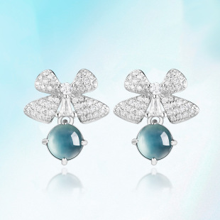 Natural A goods jade blue water bow earrings ice jade stone S925 silver inlaid fashion high-end women's earrings