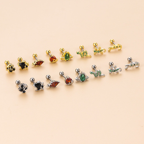 Stainless steel fine rod colorful zirconium gecko snake-shaped mini animal ear bone earring for Western and foreign trade piercing earrings, single piece