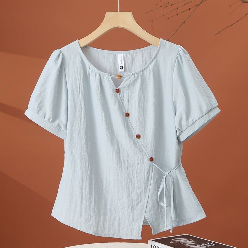 New Style Irregular French Summer Lace-Up Design 2026 Shirt Fashionable and Stylish, Tummy-Concealing, Slimming Short-Sleeve Top for Women