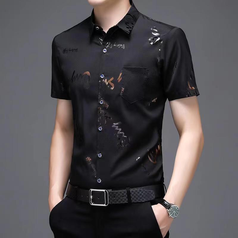 Nueva camisa floral de media manga para hombre de verano de seda de hielo sin planchar camisa de manga corta de moda para hombre camisa floral de solapa superior