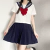 T-shirt, blue skirt, bow tie, with short sleeve