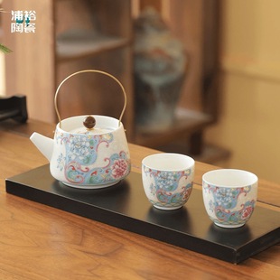 Enamel Handmade Cloisonne Silver Beam Pot Household Sheep Fat Jade Porcelain Pot Two Cups Kung Fu Teapot Teacup Set