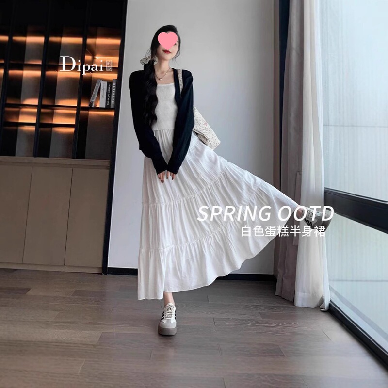 White High-Waisted Tiered Skirt for Women, New Spring Style, Plus Size, Slimming, Mid-Length, A-Line Skirt for Pear-Shaped Body