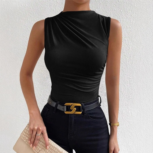 European and American Women's Spring/Summer Fashion All-match Solid Color Pleated Sleeveless Pullover Half-Turtleneck T-shirt