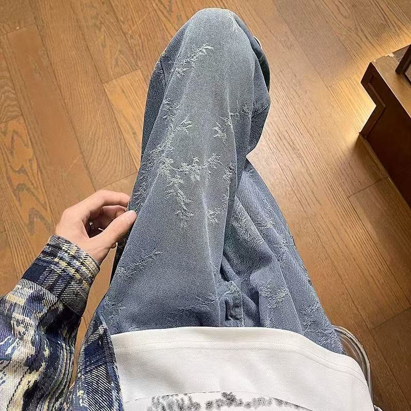 レトロブルージャカードジーンズメンズサマーニッチデザインパンツアメリカンハイストリートバイブストレートレッグブーツカットパンツ|undefined