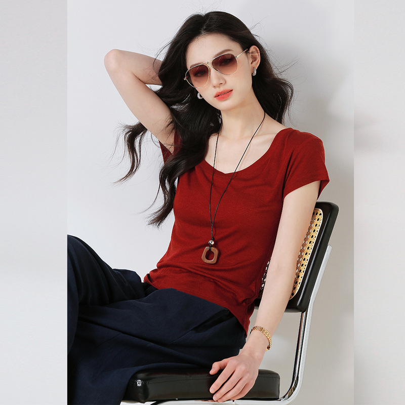 Summer New Style T-Shirt for Women, Short-Sleeved, Right-Shoulder Design, Slim Fit, Round Neck, Short-Sleeved Women's T-Shirt 18751