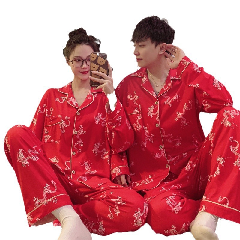 Negro lindo dragón pareja pijamas primavera y otoño 2024 nuevo Algodón puro manga larga lindo más tamaño hombres y mujeres desgaste del hogar verano