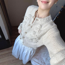 羊毛版！宋慧乔韩国小众手工刺绣立体花朵毛衣针织开衫外套女