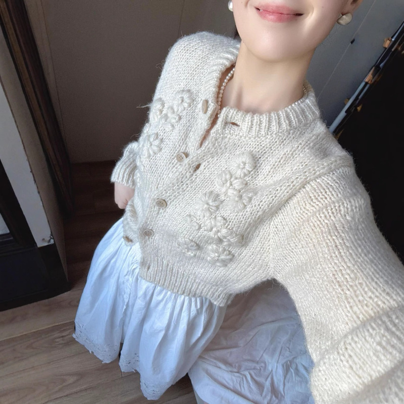 羊毛版！宋慧乔韩国小众手工刺绣立体花朵毛衣针织开衫外套女|undefined