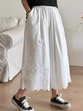 日系文艺棉松紧腰有内衬刺绣阔腿裤纯色直筒休闲花边七分裤