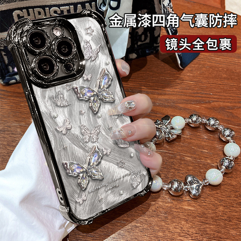 For Apple 15 Four Corner Airbag Phone Case iphone14 Three-Dimensional Flash Diamond Butterfly Bracelet 13 Advanced 12pro