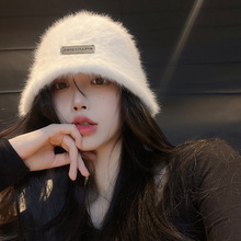 显脸小兔毛渔夫帽女秋冬百搭保暖大头围盆帽白色素颜毛绒水桶帽子