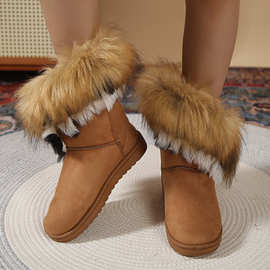 速卖通外贸大码毛毛雪地靴女冬季新款仿狐狸毛毛保暖中筒靴女棉靴