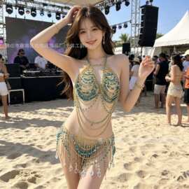 达悦旺跨境欧美辣妹身体链漏背比基尼胸链衣情趣内衣饰品珠链批发
