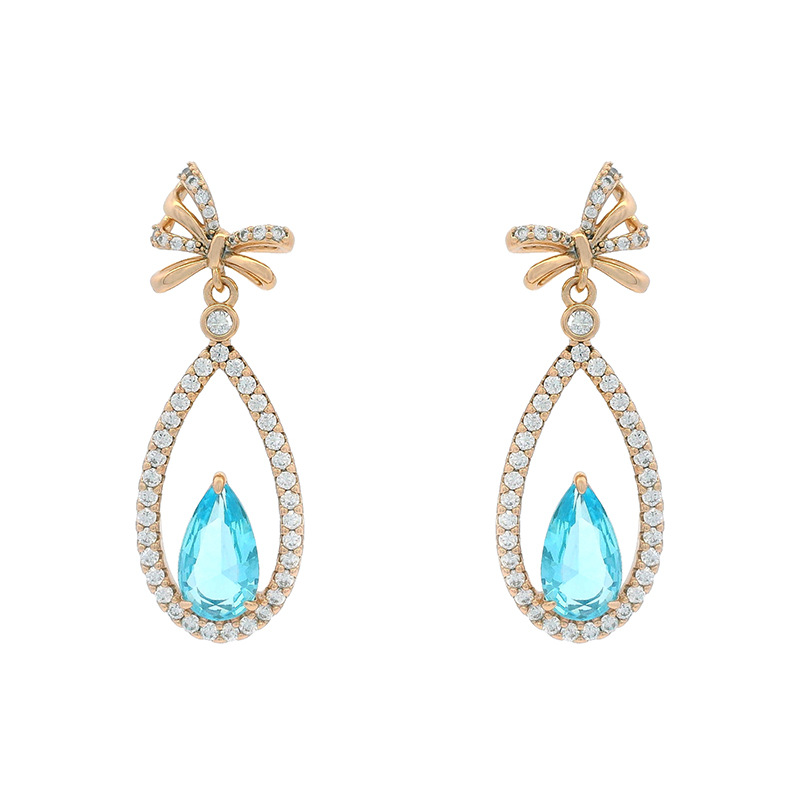 Joyería Xuping gota de agua azul mar con un corazón lleno de pendientes de diamante nicho de diseño de arco elegante de alto lujo para mujeres