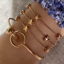 欧美跨境新款 多层五角星圆环金球手镯手链套装 手链两件套
