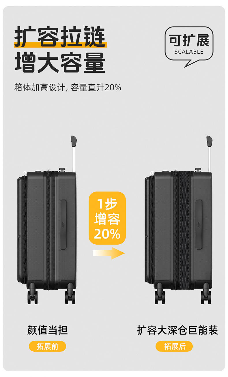 Vali nhựa PC 20 inch mở nắp trước, bánh xe êm, đa năng cho doanh nhân — Cửa trước 20 inch có cổng sạc và lớp mở rộng màu đen chi tiết 11