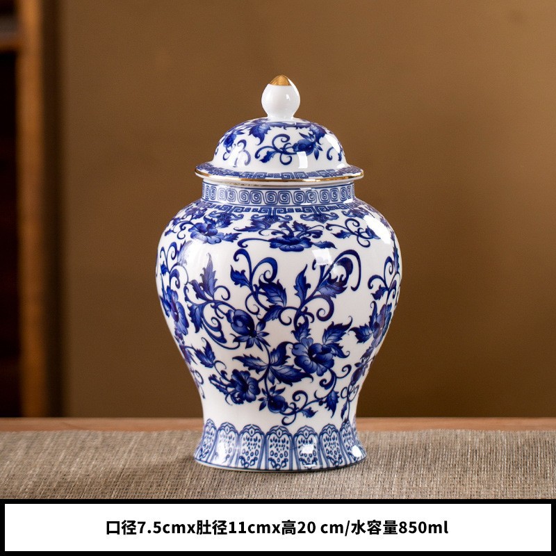 Latas de té transfronterizas de estilo antiguo chino, material de pila de cerámica Qinghua más grande, latas de sellado de cerámica general, almacenamiento a prueba de humedad doméstico