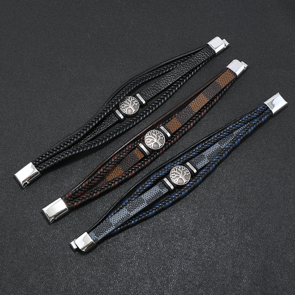 Pletena kožna narukvica, modna punk stil, višeslojna muška narukvica, modni trend, narukvica s osobnošću drva života_voghion.com