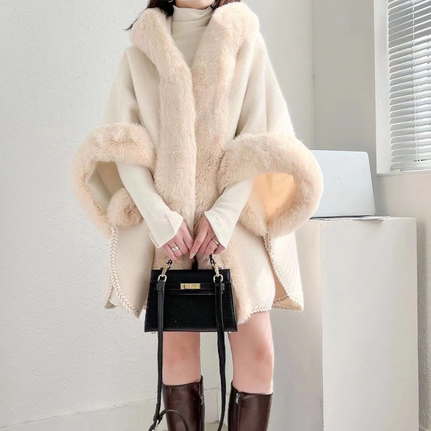 Fur collar cape shawl women's fleece thickened mid-length hooded cardigan plus-size woolen coat_voghion.com
