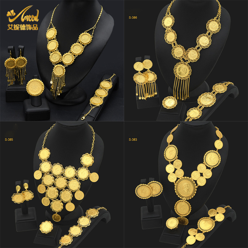 Middle East Dubai 24k gold tassel jewelry European and American round brand portrait wedding bridal necklace earrings bracelet ring decoration