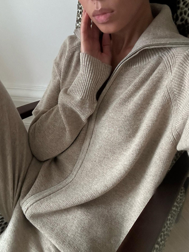 Bộ áo cardigan dệt kim khóa kéo phối quần dài ống rộng nữ — màu bột yến mạch, màu nâu, màu xám, trắng chi tiết 69