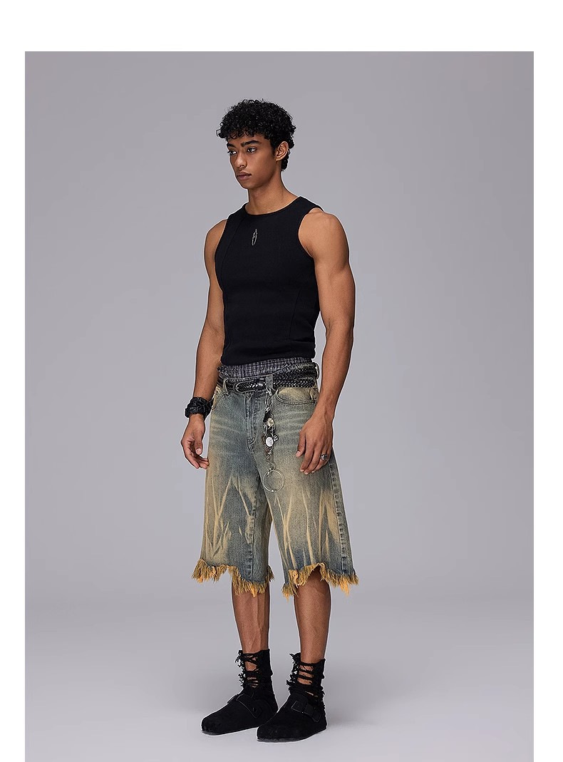 Men's Washed Denim Shorts Trendy Brand Loose Fit Cropped Style Distressed Finish Yellow Mud Dye Summer Casual Clothing_mkmklike.com