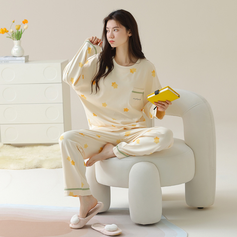 パジャマの女性春秋の純綿の長袖の2024年の新型の秋冬の大きいサイズの純綿は家の服のスーツを着ることができます。