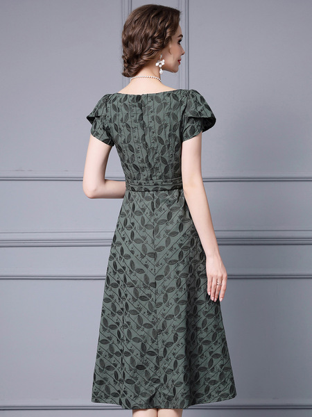 Zhili Summer One line Neck Dress, Light Mature Luxury and Elegant Charm Belt, Waistband, Leaf Embroidery, A-line Large S