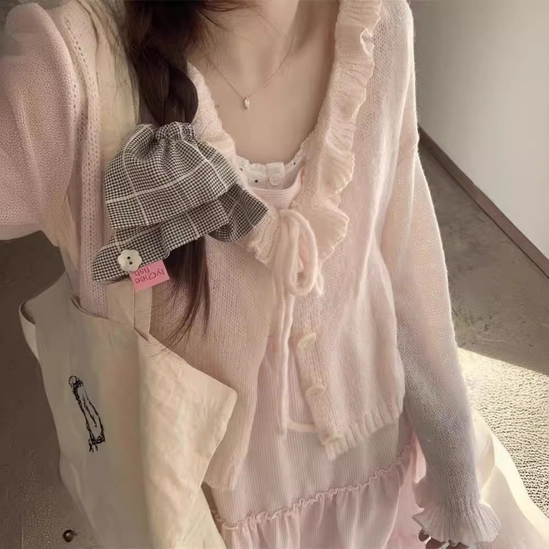 Misty Glimmer Girl's Lightweight Lace-up Mohair Knitted Cardigan Women's Fresh and Sweet Vacation Style