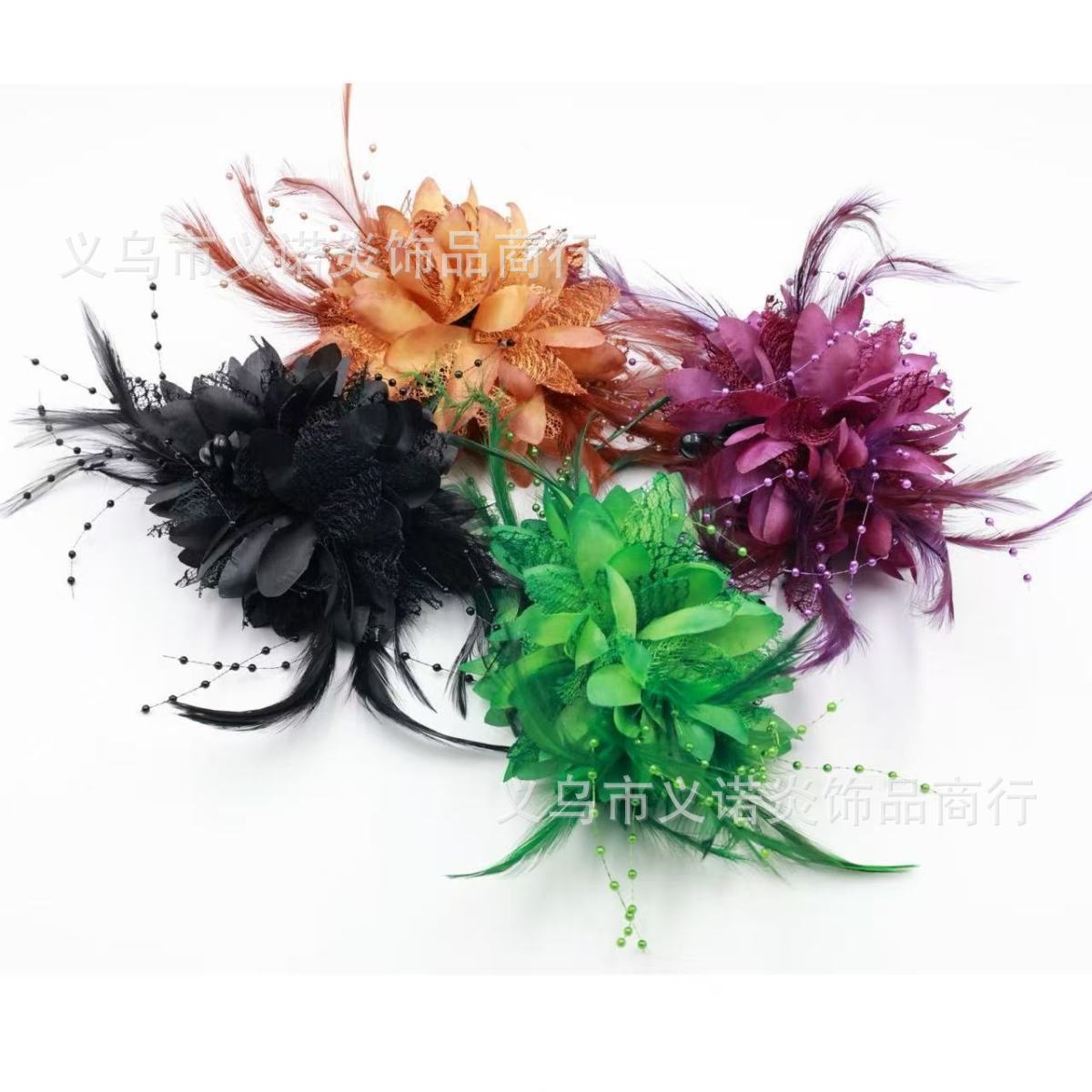 跨境仿真玫瑰发夹女羽毛头花发圈舞蹈演出时尚发饰古装汉服头饰