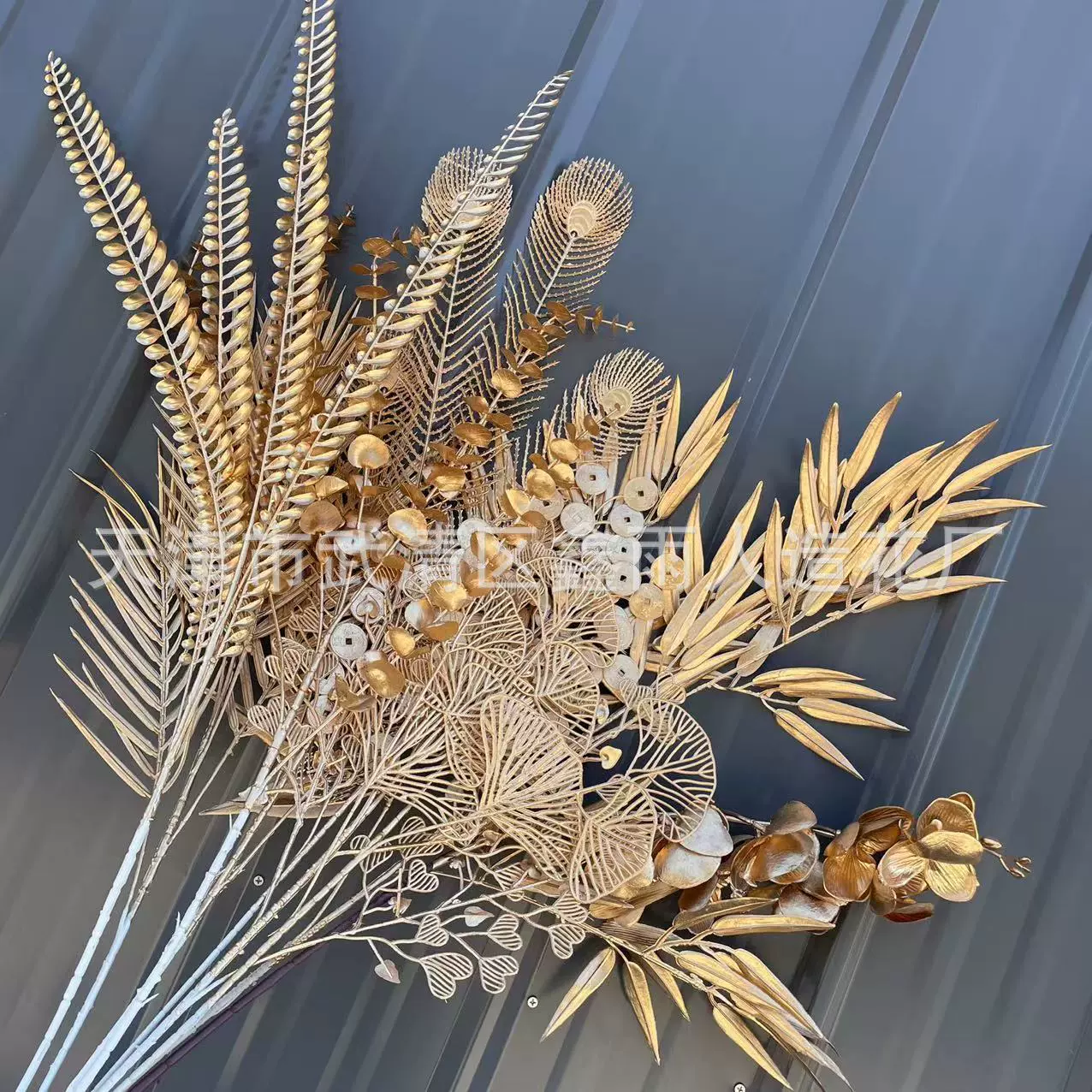仿真年宵花金色尤加利银杏叶塑料花福桶插花金色系配材厂家供应