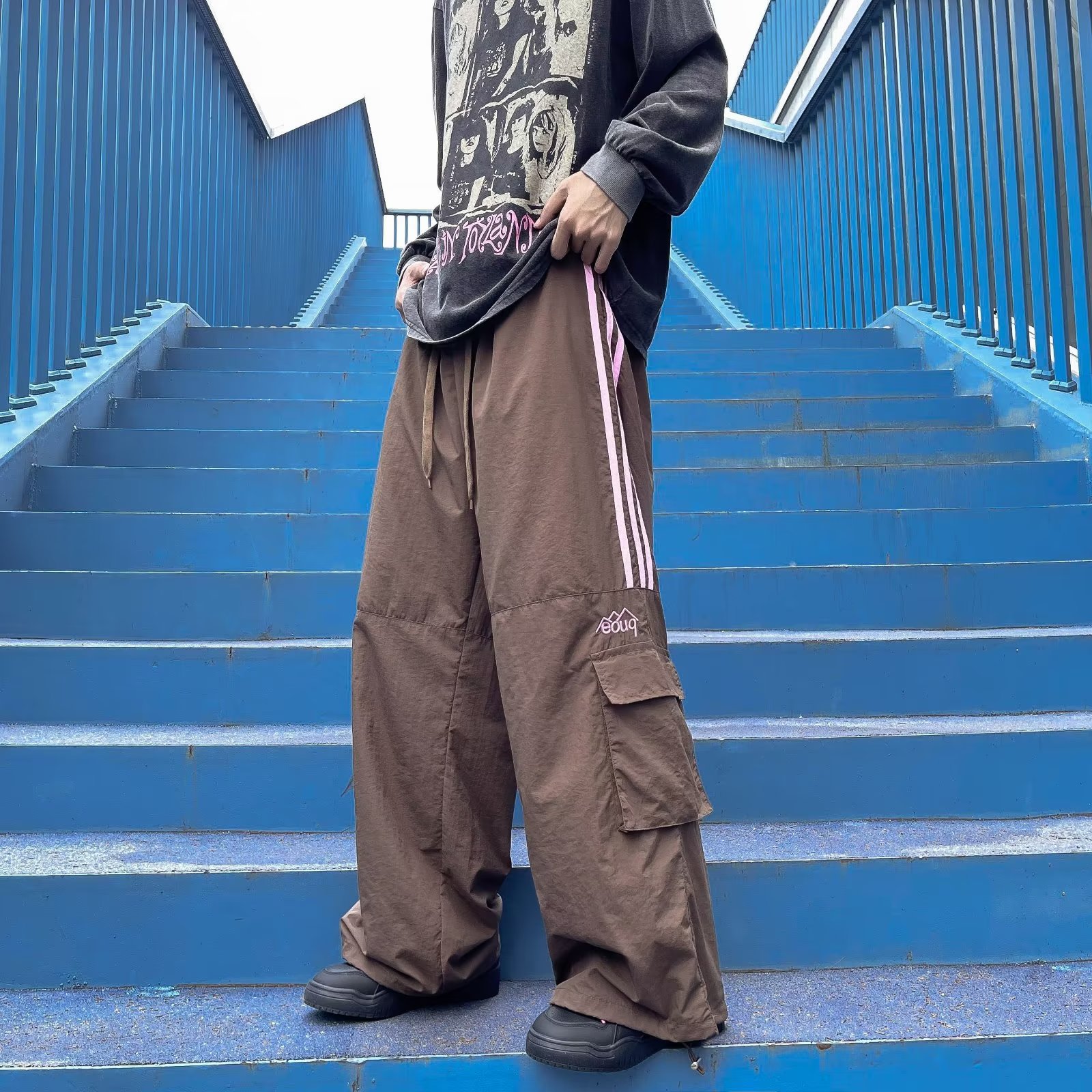 Striped Multi-Pocket Cargo Pants Men Summer New Hong Kong Style Trendy Brand Unisex Dopamine Loose Casual Straight Pants