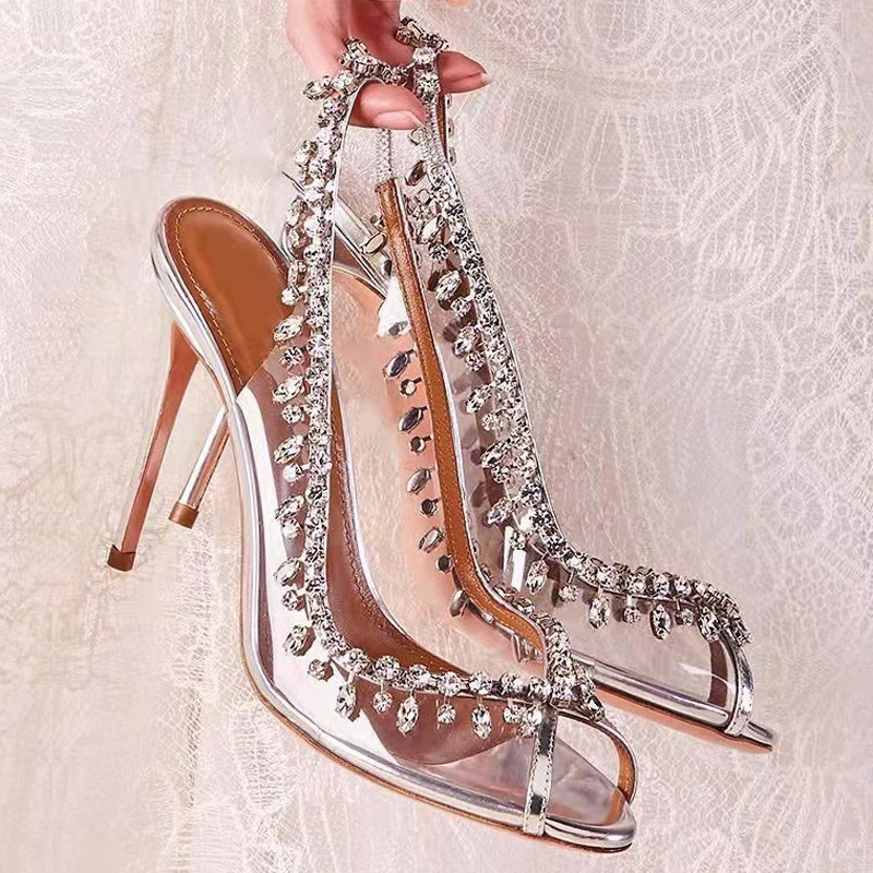 Transparent rhinestone sandals women's stiletto heel summer European and American peep toe back empty high heels sexy pendant pink banquet shoes