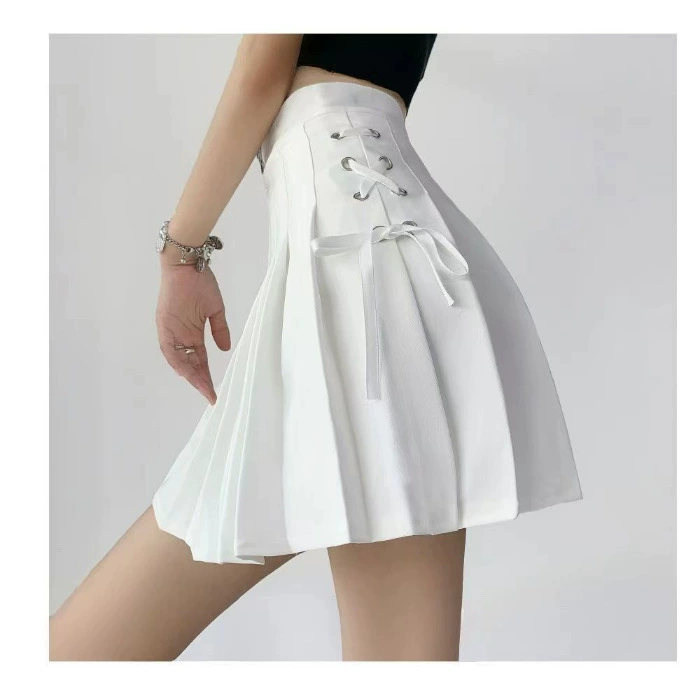 Summer pleated skirt, belt, protective underware, Korean style, high waist, A-line