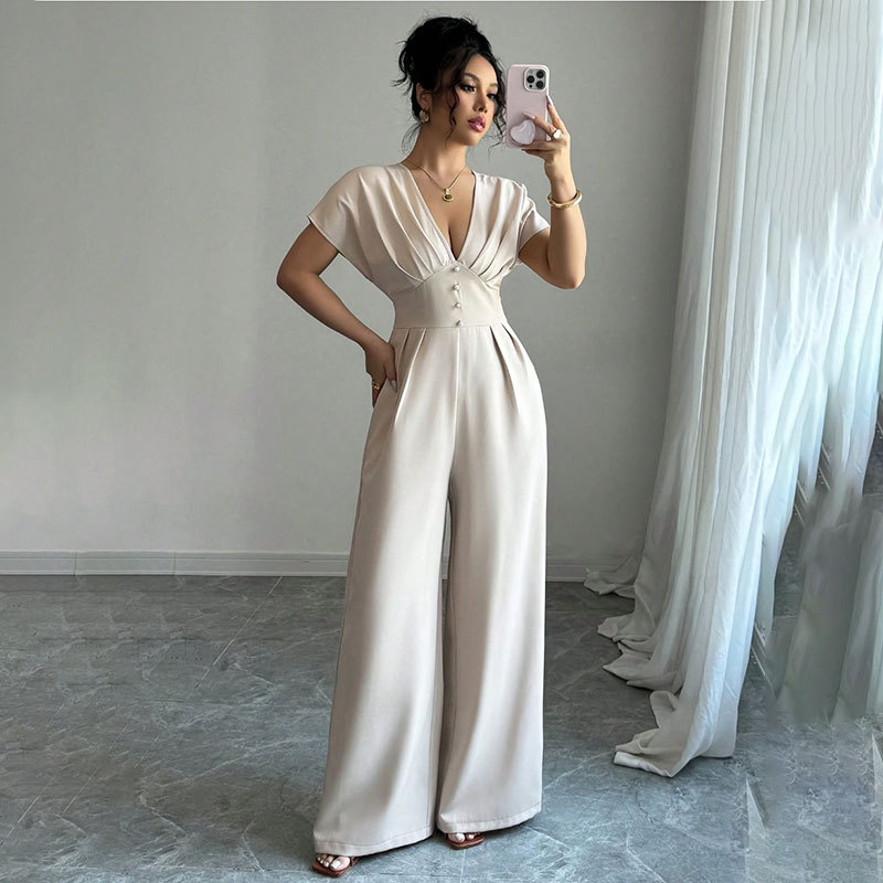 Exportación de comercio exterior 2026 nuevo estilo europeo y americano transfronterizo temperamento elegante de mujer cuello en V manga corta cintura amplia pierna junk
