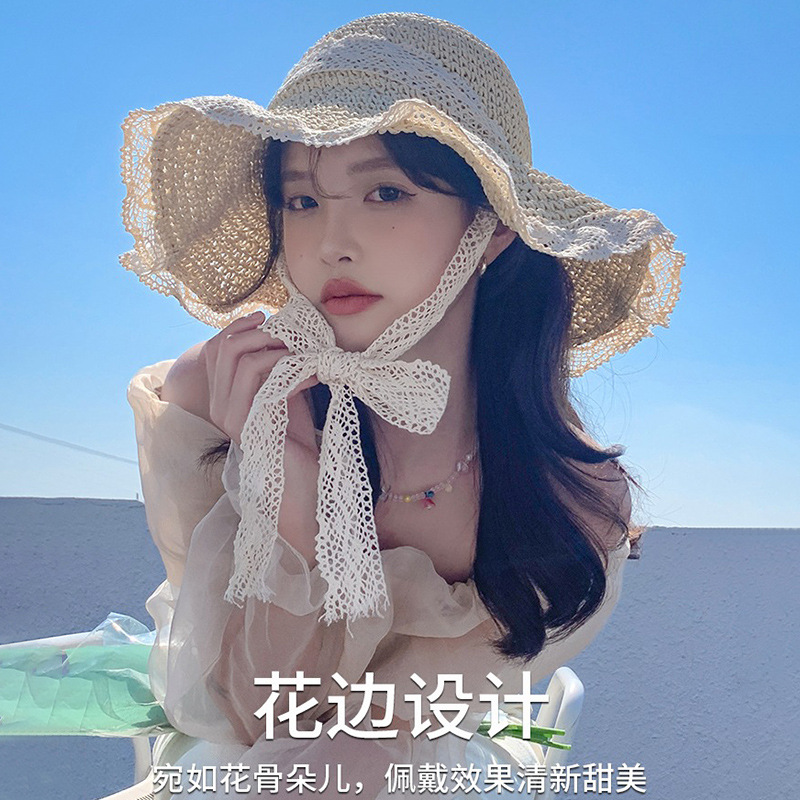 草帽系帶鏤空草編帽女夏出遊防曬沙灘海邊新款太陽帽蕾絲邊遮陽帽