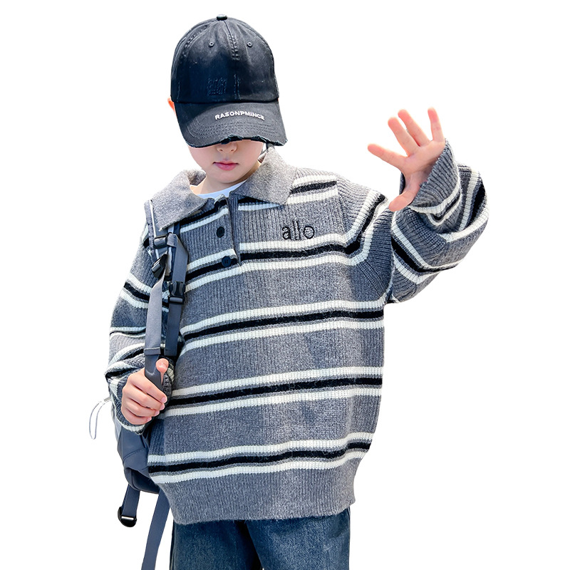 Jungen Polo Pullover Gestreift Winter Strickpullover Warm Kinder_voghion.com