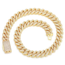 15mm铜镀金镶锆石3排迈阿密古巴链 欧美时尚Cucan Chain Necklace