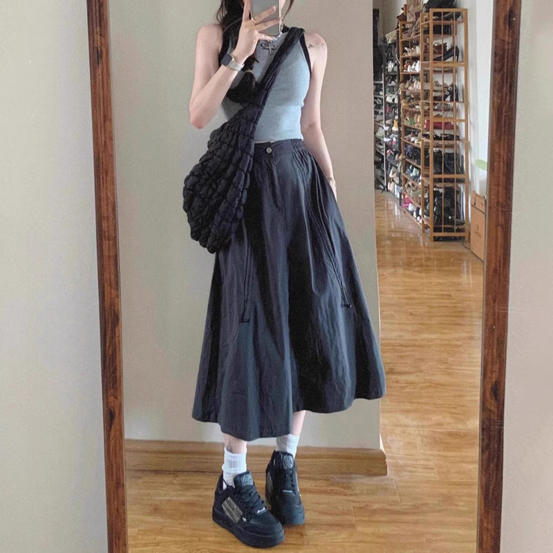 [Powerful Manufacturer] American Workwear Skirt for Pear-Shaped Body, High-Waisted Drawstring Slimming Look Mid-Length A-Line Umbrella Skirt