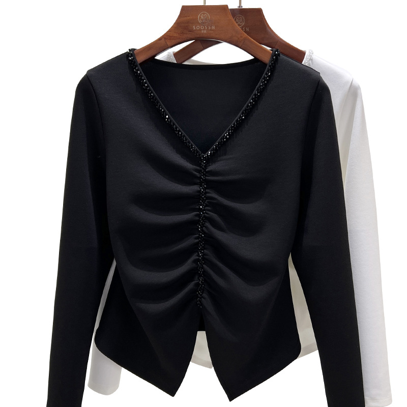 2024 autumn new top V-neck undershirt pleated Western style European small shirt outer wear 1688 long sleeve T-shirt