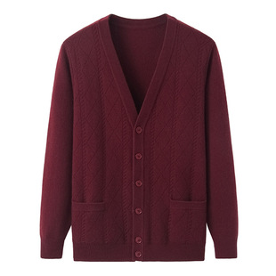 100 Pure Cashmere Cardigan Autumn and Winter New V-Neck Double Burgundy Men's Sweater Thickened Coat Cashmere Sweater for Men