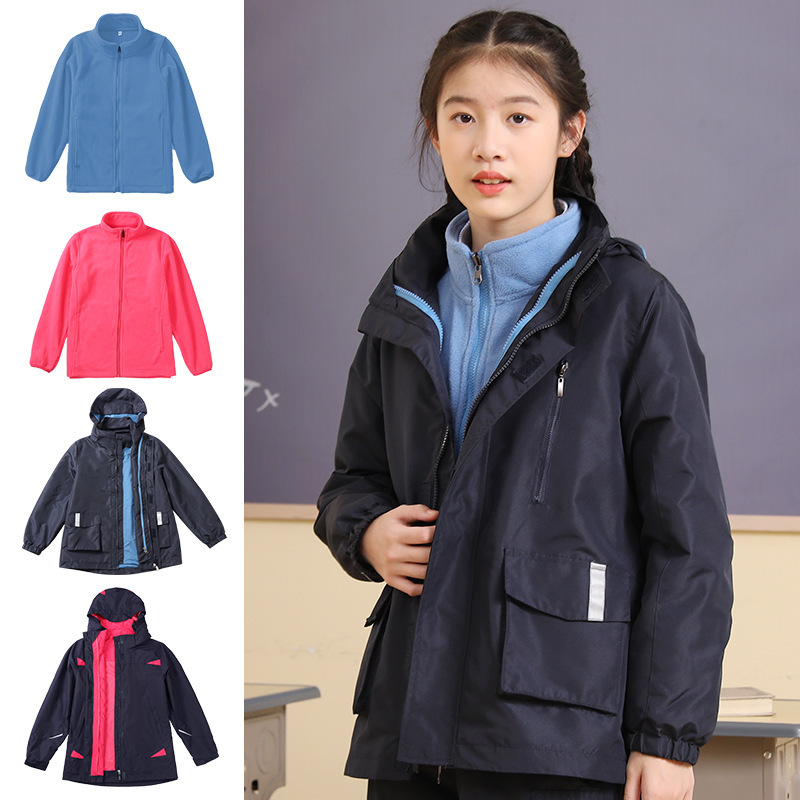 Primary and Secondary School Uniforms, Jackets, Navy Blue and Rose Red, Children's Men's and Women's Autumn and Winter Three-In-One Windproof and Rainproof Manufacturers' Delivery
