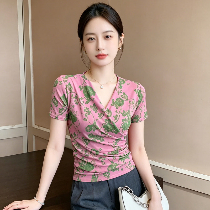 Stylish Cross V-Neck Printed Blouse with a Trendy Waist-Cinching Design, Mesh T-Shirt for Women, 2026 Summer Collection, Thin Slim-Fit Lace Top Stylish Cross V-Neck Printed Blouse with a Trendy Waist-Cinching Design, Mesh T-Shirt for Women, 2026 Summer Collection, Thin Slim-Fit Lace Top