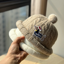 新款可爱腊肠狗刺绣针织地主帽子女秋冬保暖拼色毛球卷边瓜皮帽潮