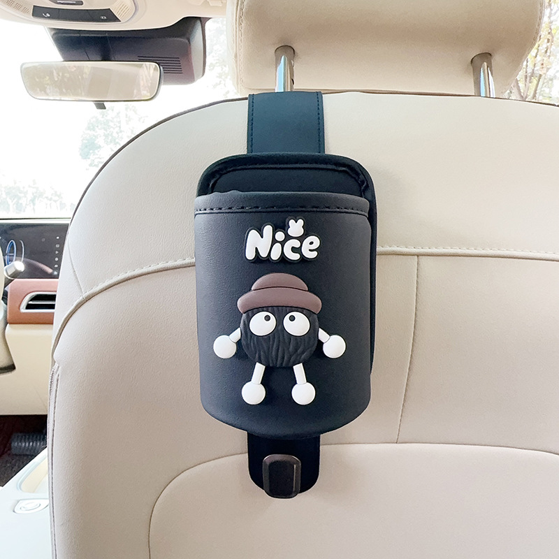 Qìchē – Cup Holder Hook Car cup holder/beverage holder - black-leather-cup-holder-with-hook-black-happy-coal