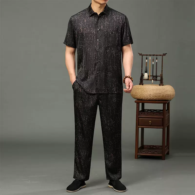 中老年夏季冰丝清凉爸爸爷爷短袖衬衫套装龟纹印花男衬衫男裤