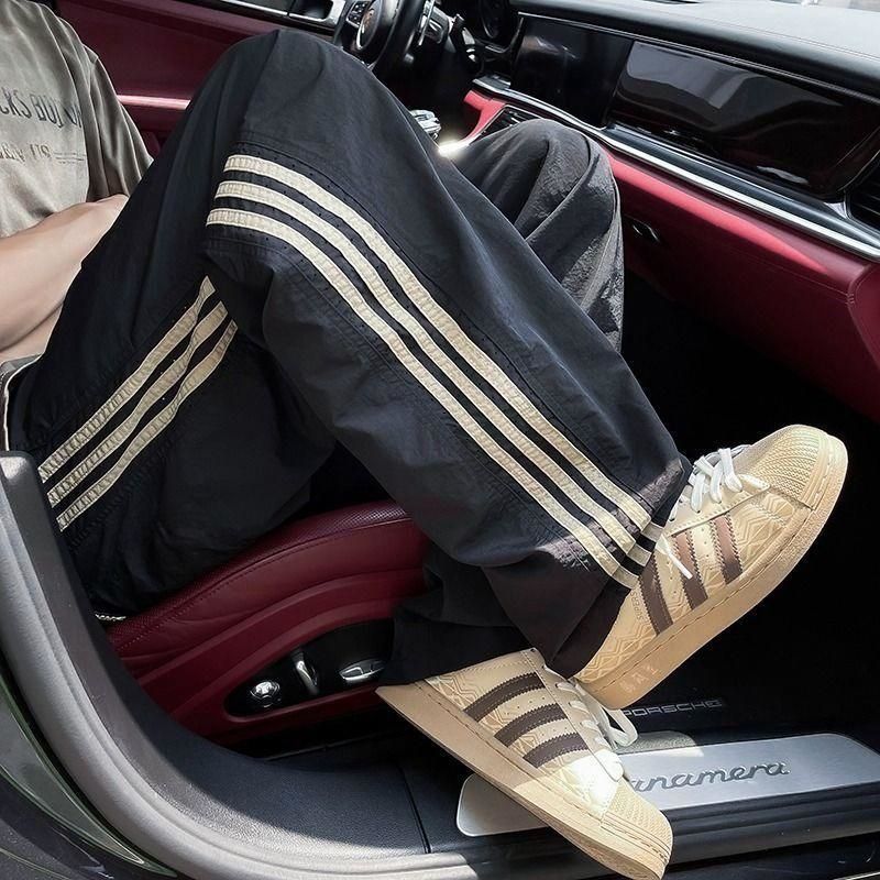 Three-Stripe Sports Striped Sweatpants Men's Loose Straight Outdoor Hiking Pants Straight Drawstring Paratrooper Casual Pants