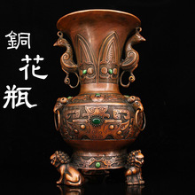 铜花瓶狮子镶嵌宝石花瓶古玩收藏家居办公铜装饰工艺礼品摆件