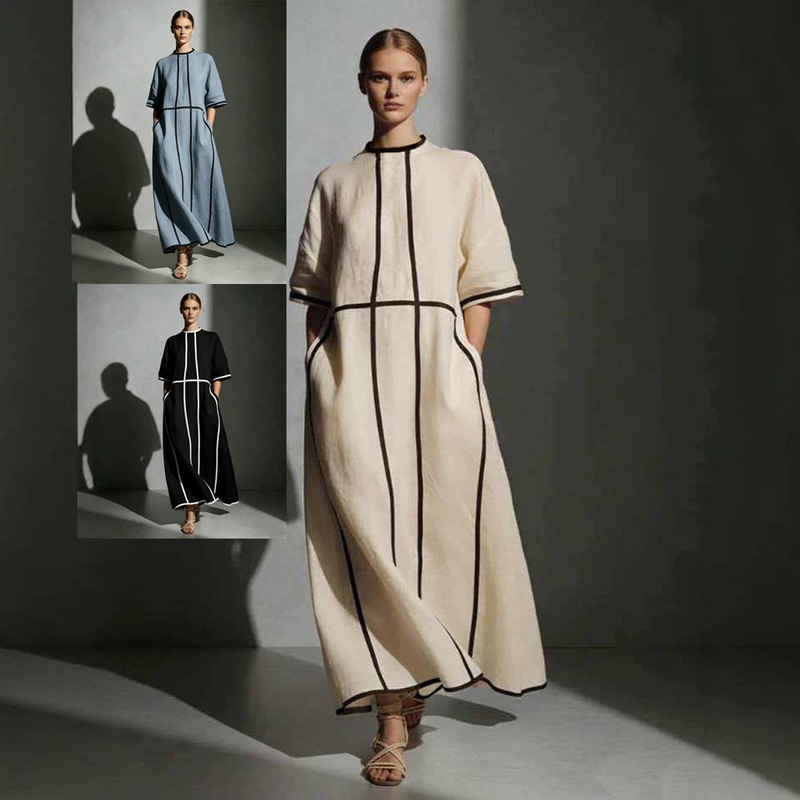 Amazon 2026 European and American cross-border summer new style round neck, mid-sleeve, pocketed, loose-fitting elegant women's dress Amazon 2026 European and American cross-border summer new style round neck, mid-sleeve, pocketed, loose-fitting elegant women's dress